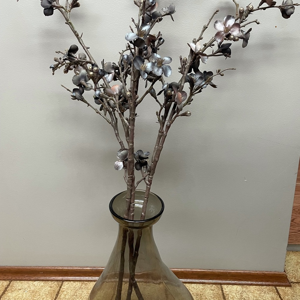 Three stems of purple and gold faux cherry blossoms